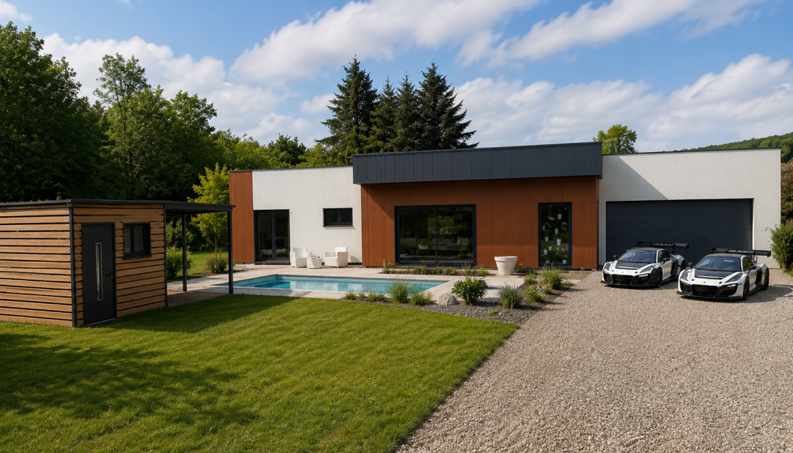 Insertion paysagère piscine et cabanon de jardin